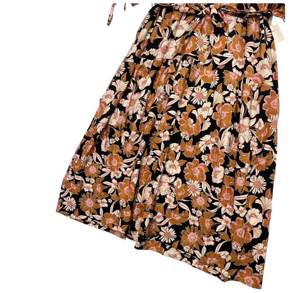 New Bohme Womens Medium Black Orange Floral Midi Dress Boho Belted Flowy Beachy - Picture 7 of 12
